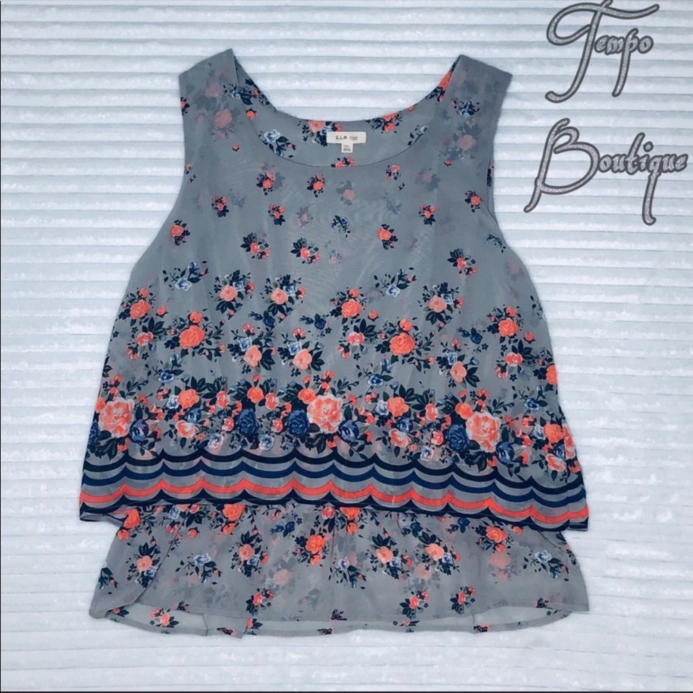 Layered Floral Tank Top with Chevron Trim